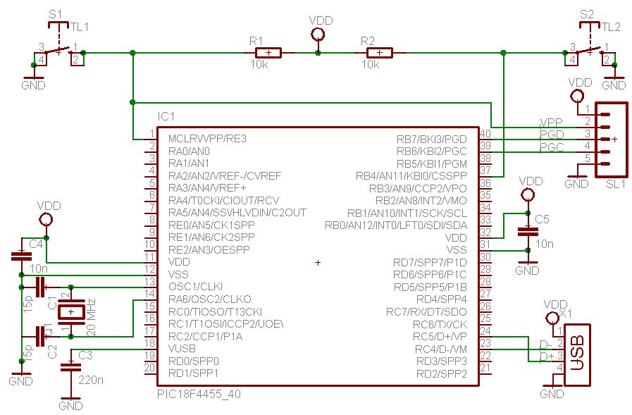Obrázek 1: Základní zapojení mikrokontroléru PIC18F4550 pro práci s rozhraním USB