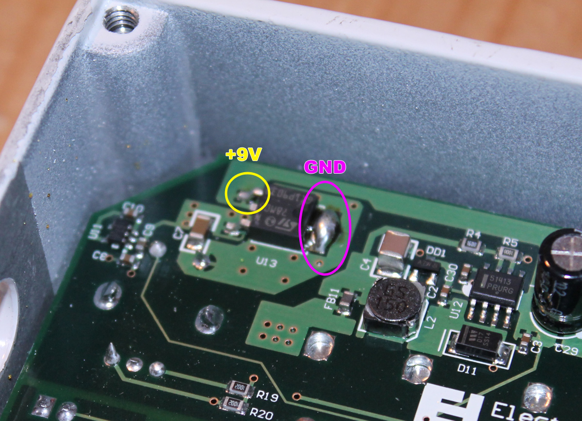 Soldering points for EHX Ravish Sitar MIDI module - power supply