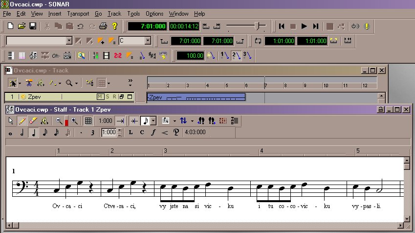 Příprava MIDI souboru v notačním programu (Cakewalk Sonar) a opatření not textem