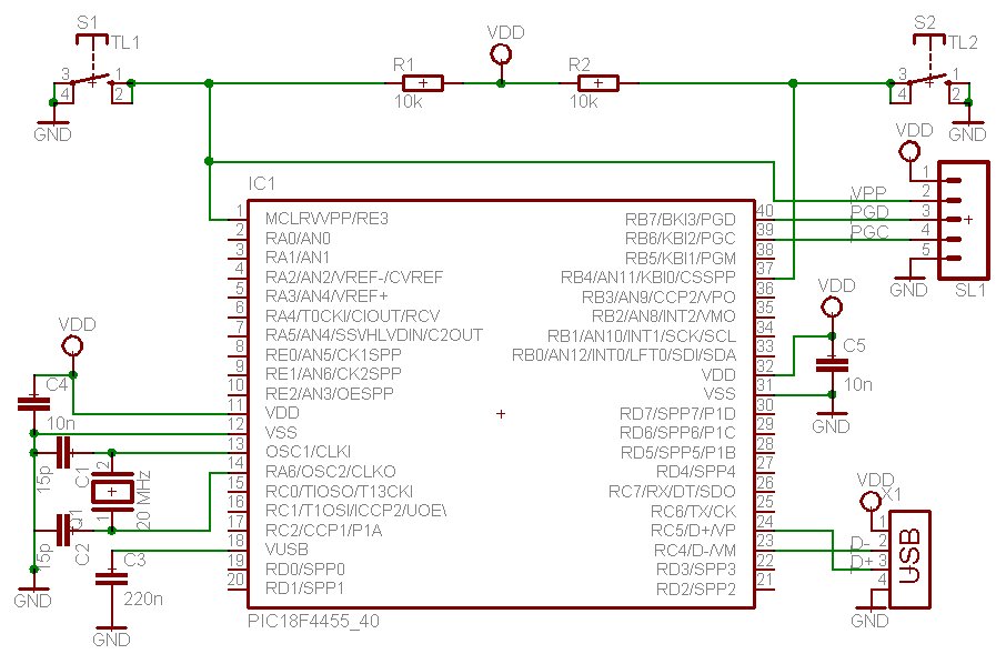 Obrázek 1: Základní zapojení mikrokontroléru PIC18F4550 pro práci s rozhraním USB Obrázek 1: Základní zapojení mikrokontroléru PIC18F4550 pro práci s rozhraním USB