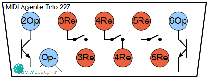 Výkres zapojení konektorů spínačů MIDI ovladače Agente Trio 227